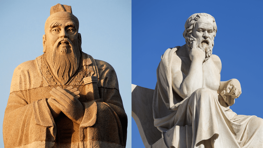 The monuments to Socrates and Confucius large